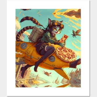 Funny Cat Flying and Eating Pizza - Humor Present Gift ideas For Cat Lover Posters and Art